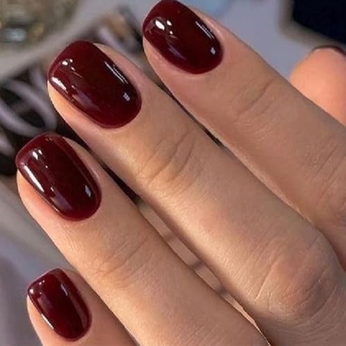 Burgundy Press on Nails Short Square, Dark Red Fall Fake Nails