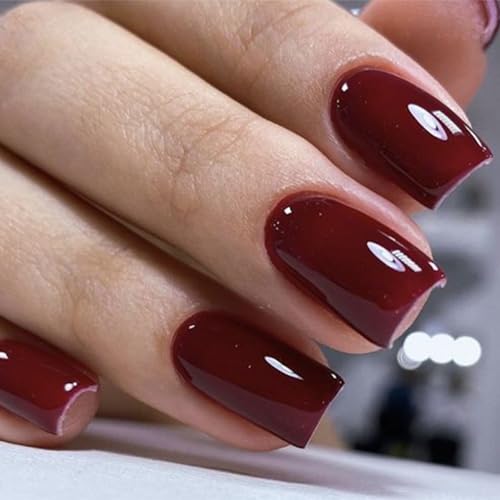 Burgundy Press on Nails Short Square, Dark Red Fall Fake Nails