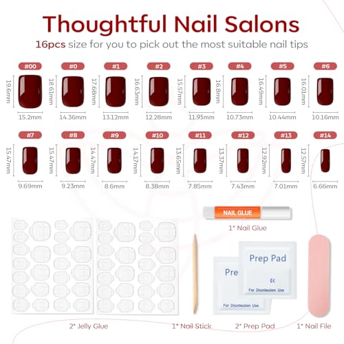 Burgundy Press on Nails Short Square, Dark Red Fall Fake Nails