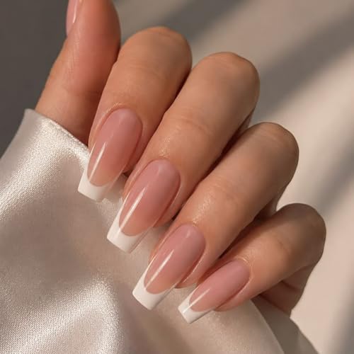 Long Coffin Press On Nails White French