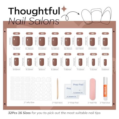Mocha Brown Press on Nails Short Square 32Pcs 16 Sizes Fake Nails
