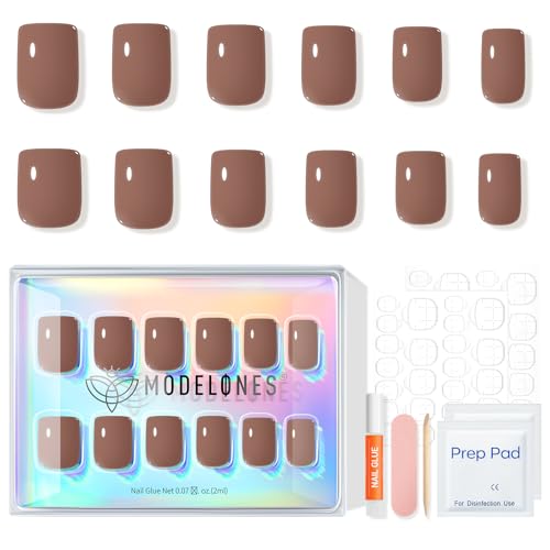 Mocha Brown Press on Nails Short Square 32Pcs 16 Sizes Fake Nails