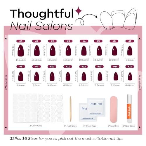Plum Purple Press on Nails Short Almond 32Pcs 16 Sizes Fake Nails