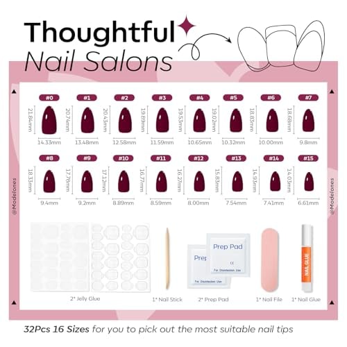 Plum Purple Press on Nails Short Almond 32Pcs 16 Sizes Fake Nails