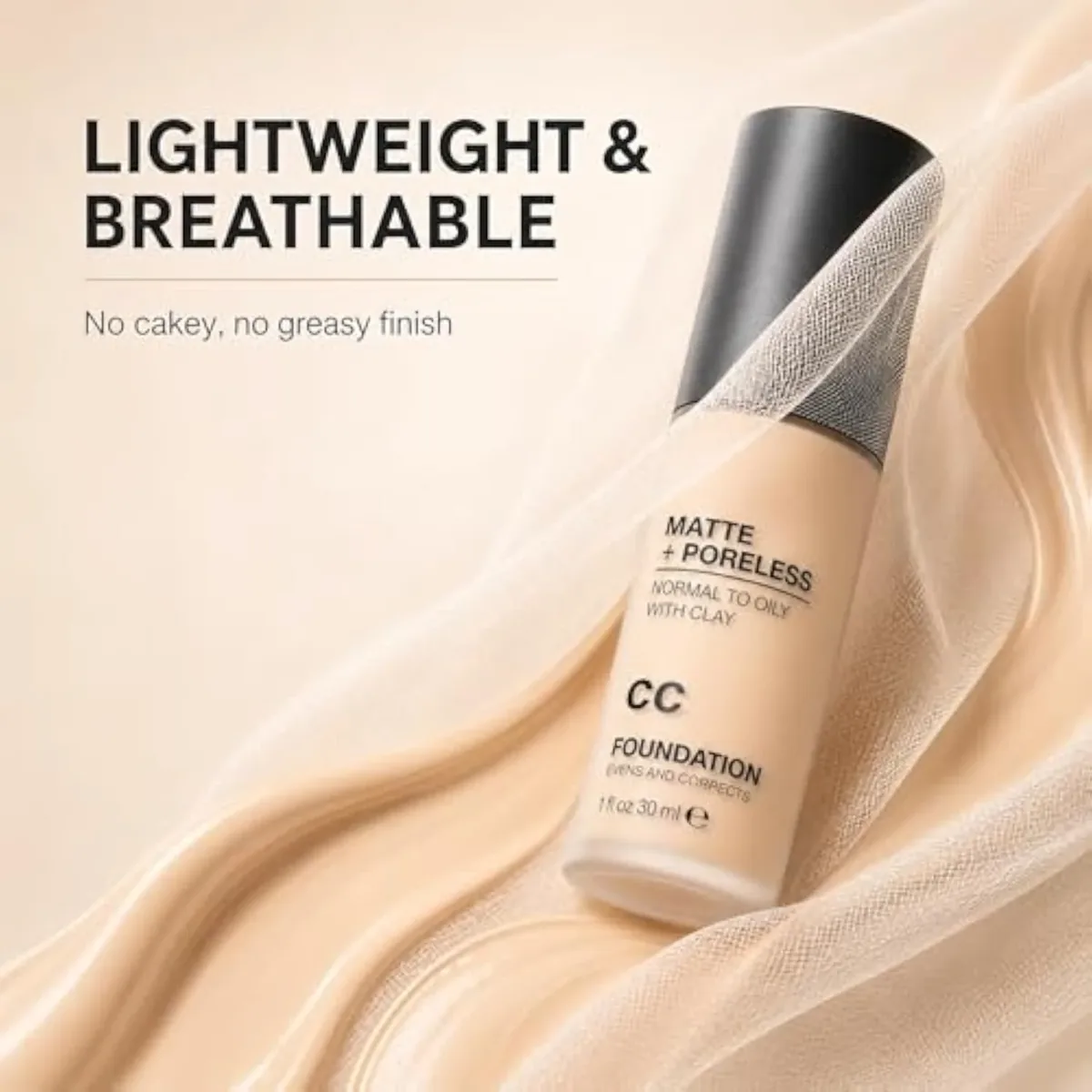 CC Cream Foundation, Flawless Matte Concealer Oil Control Color Correcting Face Makeup, Pore Minimizing Medium Coverage CC, Lightweight Up To 24H Wear for Normal to Oily Ski