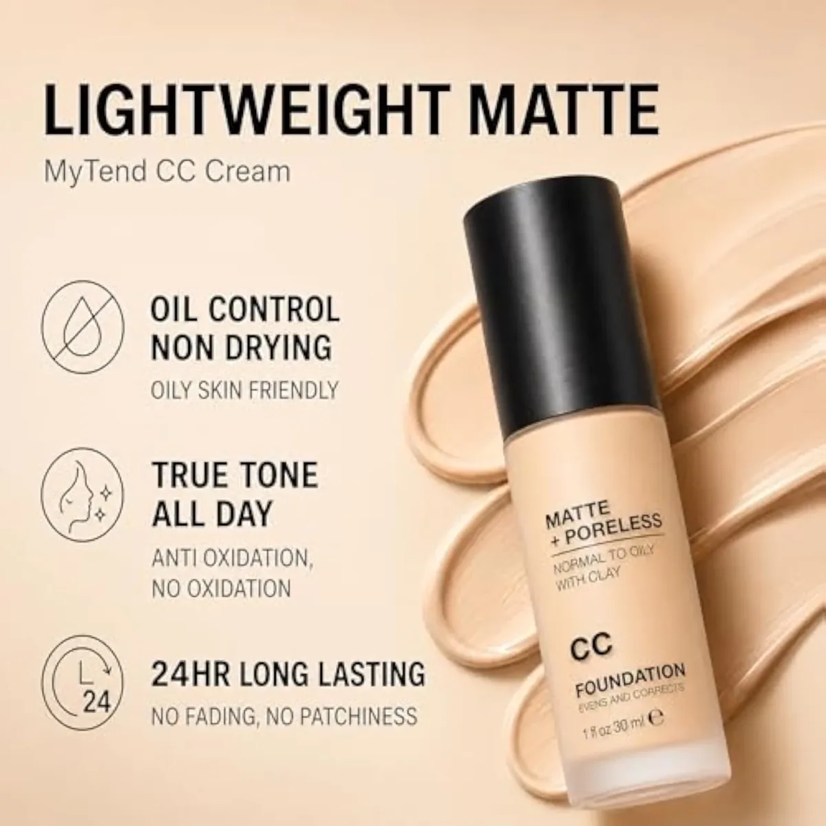 CC Cream Foundation, Oil Control Color Correcting Face Makeup CC Matte Poreless, Lightweight Medium Coverage Hydrating Formula, Long Lasting Soft Natural Finish for Oily Ski