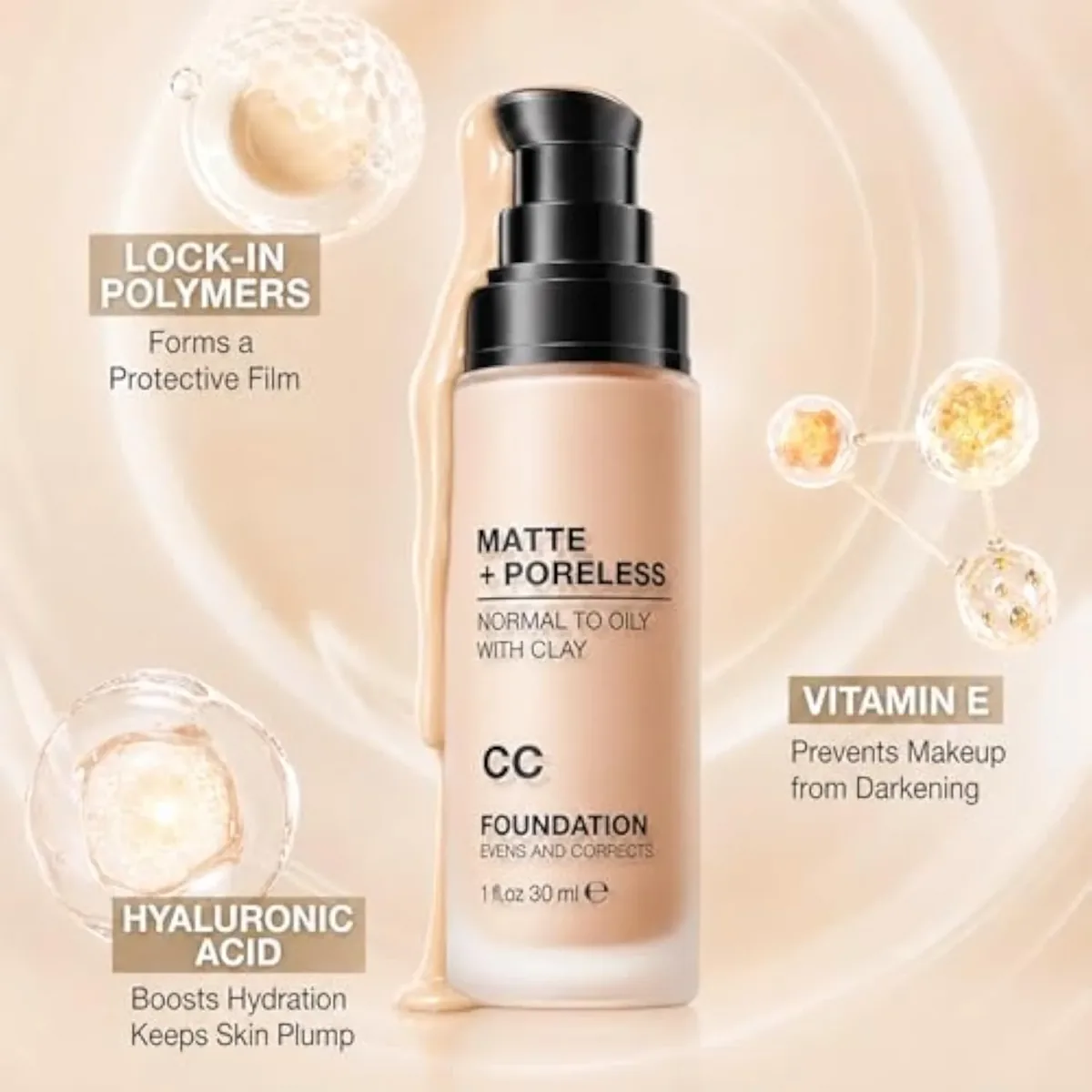 CC Cream, Redness Correcting Foundation, Oil Control Tinted CC Cream Natural Matte, Long Lasting Light to Medium Coverage, Flawless Smooth Finish for Normal to Oily Tan Skin