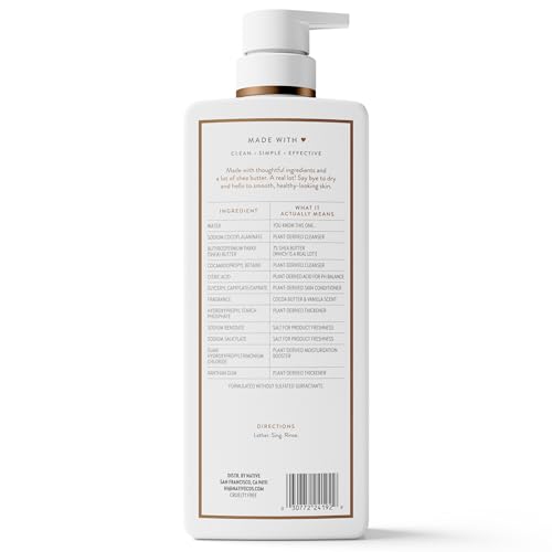 Moisturizing Body Wash, Clean & Gentle 24-Hour Hydration with Shea Butter, for Sensitive and Dry Skin, for Women & Men, Sulfate-free, Paraben-free, Cocoa Butter & Vanilla, 2
