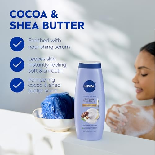 Pampering Cocoa and Shea Butter Body Wash with Nourishing Serum, Moisturizing Body Wash for Women, Enriched with Provitamin B5 and Vitamin E, 20 Fl Oz Bottle