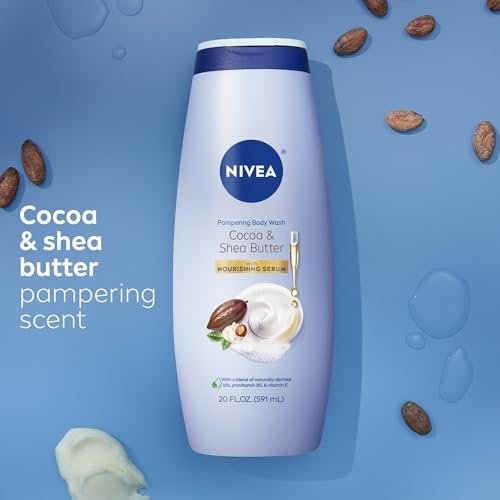 Pampering Cocoa and Shea Butter Body Wash with Nourishing Serum, Moisturizing Body Wash for Women, Enriched with Provitamin B5 and Vitamin E, 20 Fl Oz Bottle