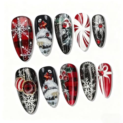 24Pcs Christmas Press on Nails Medium Almond Winter Snowflake Fake Nails