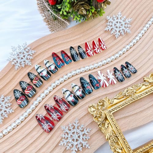 24Pcs Christmas Press on Nails Medium Almond Winter Snowflake Fake Nails