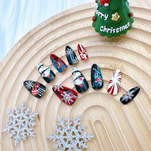 24Pcs Christmas Press on Nails Medium Almond Winter Snowflake Fake Nails