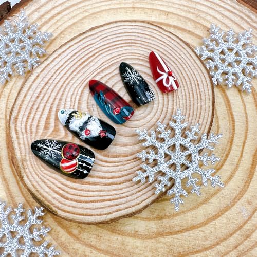 24Pcs Christmas Press on Nails Medium Almond Winter Snowflake Fake Nails