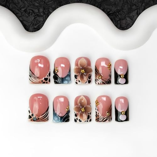 Flower Handmade Press on Nails 3D Luxury Brown Floral Design Leopard Print French Tip Fake