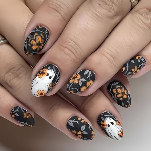 Halloween Press on Nails Black Matte Fake Nails with Orange Flower & White Ghost Designs F