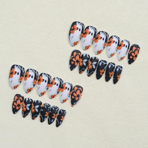 Halloween Press on Nails Black Matte Fake Nails with Orange Flower & White Ghost Designs F