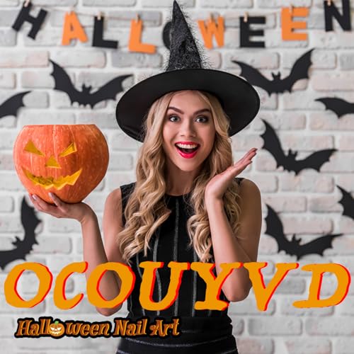 Halloween Press on Nails Black Matte Fake Nails with Orange Flower & White Ghost Designs F