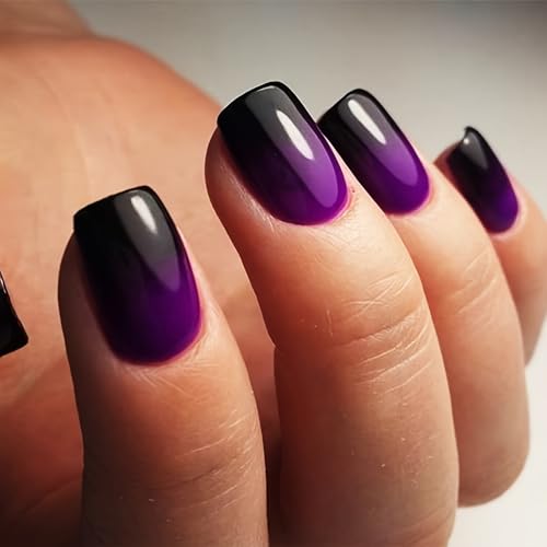 Purple Press on Nails Short Square French Fake Nail Glossy False Nails