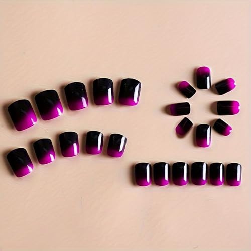 Purple Press on Nails Short Square French Fake Nail Glossy False Nails