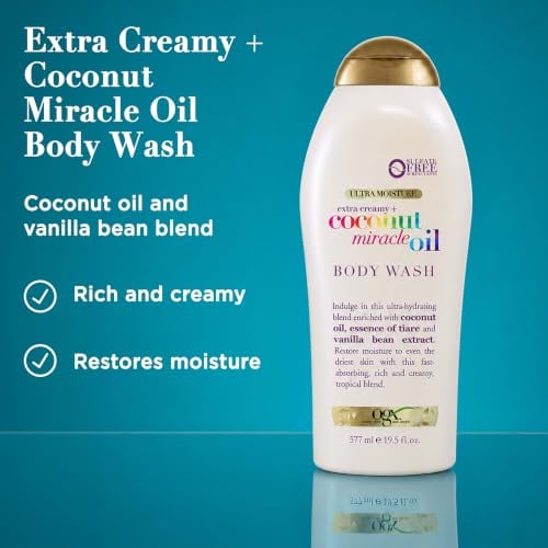 Extra Creamy + Coconut Miracle Oil Ultra Moisture Body Wash, Rich Shower Gel for Dry Skin Infused with Coconut Oil, Body Wash for Women, Sulfate-Free Surfactants, 19.5 fl. oz