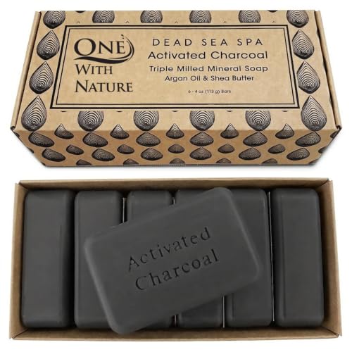Activated Charcoal Soap 4oz 6-Pack Gift Box – Detoxifying and Exfoliating Charcoal Soap Bar with Dead Sea Salt for Face & Body, for Men & Women