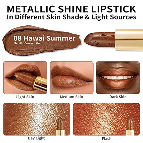 Dark Brown Lipstick for Women with Metallic 3D Shine Lightweight Hydrating Formula, High Impact Lip Color, Full Coverage Lip Makeup, Vegan & Gluten Free, Hawaii Summer(08)