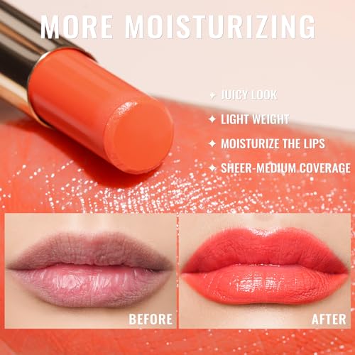 Moisturizing Orange Red Lipstick for Women, Glass Shine Lip Stick Tinted Lip Balm, Hydrating Lip Gloss for Dry Lips,Shine Juicy Finish Vegan Lipsticks 2.2g/0.07oz G12