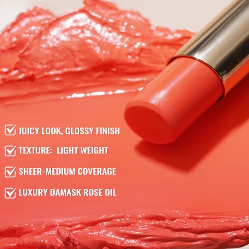 Moisturizing Orange Red Lipstick for Women, Glass Shine Lip Stick Tinted Lip Balm, Hydrating Lip Gloss for Dry Lips,Shine Juicy Finish Vegan Lipsticks 2.2g/0.07oz G12