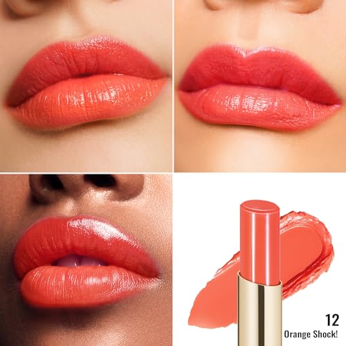 Moisturizing Orange Red Lipstick for Women, Glass Shine Lip Stick Tinted Lip Balm, Hydrating Lip Gloss for Dry Lips,Shine Juicy Finish Vegan Lipsticks 2.2g/0.07oz G12