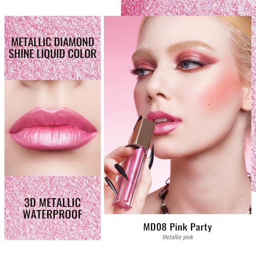 Pink Metallic Lipstick for Women, Long Lasting Lip Gloss Waterproof, Lips & Eye 2 IN 1 Lip Makeup, High Impact Lip Color, 3D Metallic Finish, No Transfer, Vegan MD08