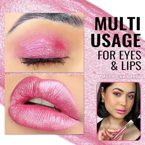 Pink Metallic Lipstick for Women, Long Lasting Lip Gloss Waterproof, Lips & Eye 2 IN 1 Lip Makeup, High Impact Lip Color, 3D Metallic Finish, No Transfer, Vegan MD08