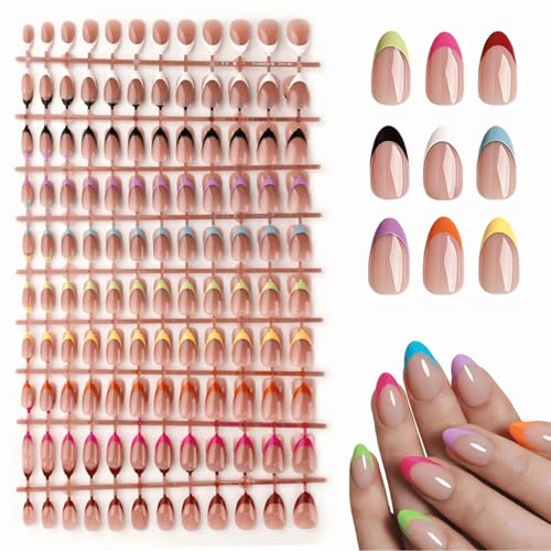 Classic French Tip Press on Nails Short Almond 9 Colors 216 Pcs