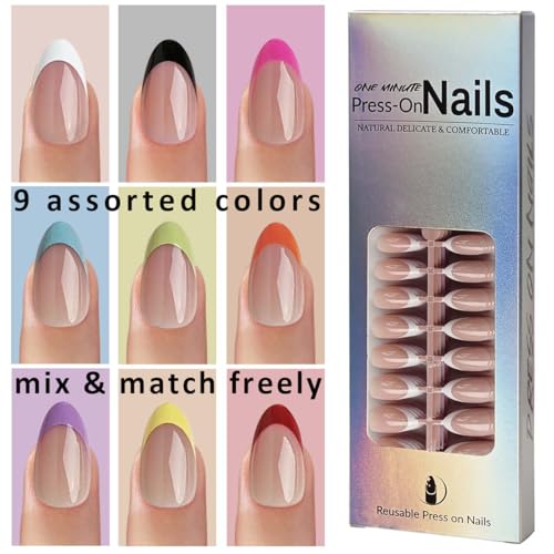 Classic French Tip Press on Nails Short Almond 9 Colors 216 Pcs