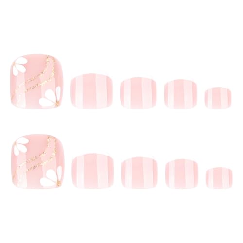 Pink Press on Toenails Short Square Fake Toenails with Flower Gold Line Design Stick on Na