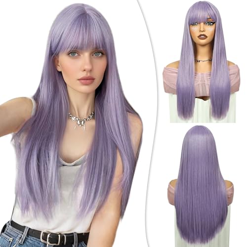 Long Lilac Lavender Wig with Bangs