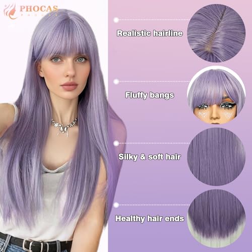 Long Lilac Lavender Wig with Bangs