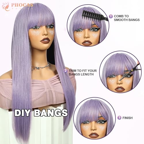 Long Lilac Lavender Wig with Bangs