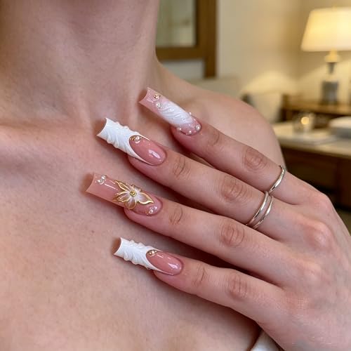 Press on Nails Square Long plalely Acrylic Nails for Women 24pcs