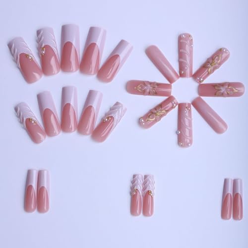 Press on Nails Square Long plalely Acrylic Nails for Women 24pcs