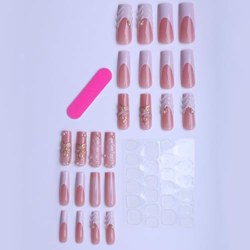 Press on Nails Square Long plalely Acrylic Nails for Women 24pcs