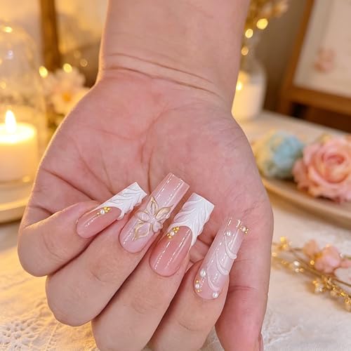 Press on Nails Square Long plalely Acrylic Nails for Women 24pcs