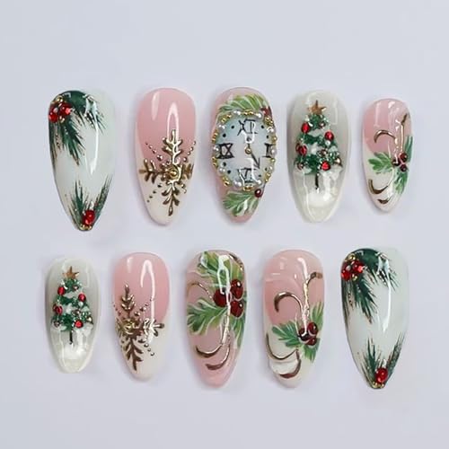 30Pcs Christmas Press on Nails Medium Almond Fake Nails White French Tip