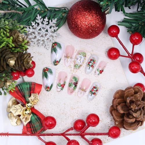 30Pcs Christmas Press on Nails Medium Almond Fake Nails White French Tip