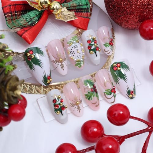 30Pcs Christmas Press on Nails Medium Almond Fake Nails White French Tip