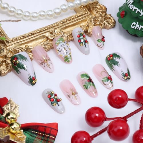 30Pcs Christmas Press on Nails Medium Almond Fake Nails White French Tip