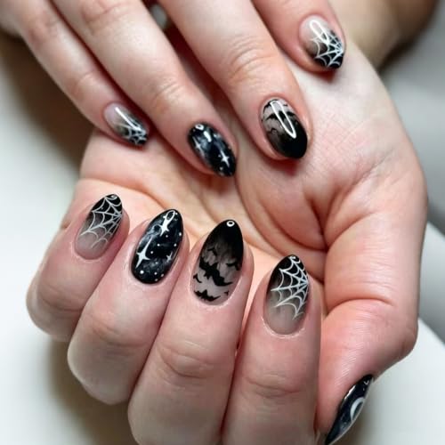 30Pcs Halloween Press On Nails Short Almond Black Spider Web Bat Fake Nails