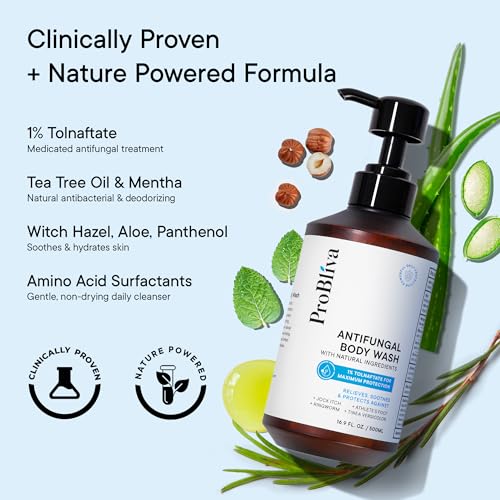 Antifungal Body Wash Treatment Soap – Antibacterial Wash for Jock Itch, Ringworm, Back Acne, Tinea & Foot Odor – Medicated Skin Relief Cleanser Gel with Tea Tree Oil & Tol
