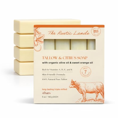 THE RUSTIC LANDS Beef Tallow Soap Bars – Natural Moisturizing Bar Soap with Citrus Scent – Gentle Soap for Sensitive Skin Face & Body – Made in USA – Tallow & C