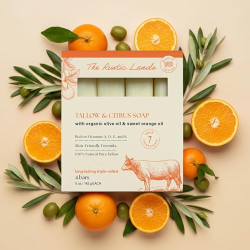 THE RUSTIC LANDS Beef Tallow Soap Bars – Natural Moisturizing Bar Soap with Citrus Scent – Gentle Soap for Sensitive Skin Face & Body – Made in USA – Tallow & C